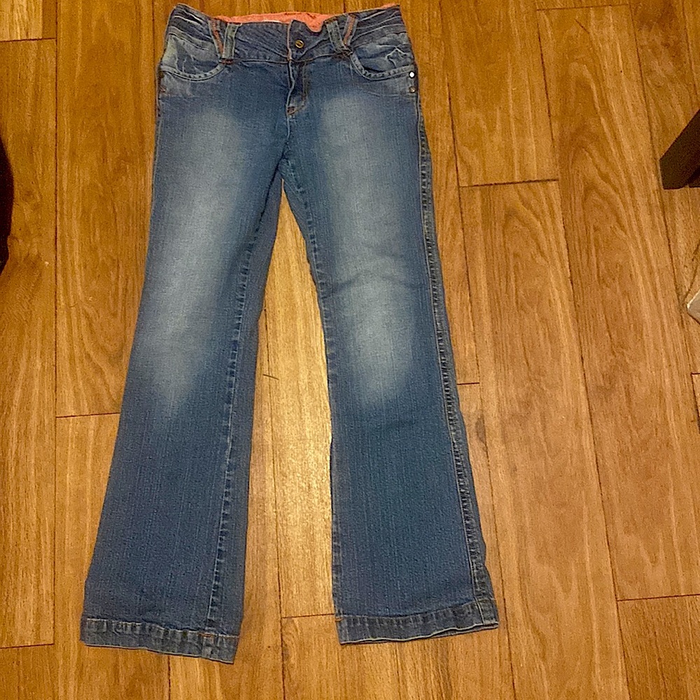 Vintage Leo Roma jeans with green and pink stitching